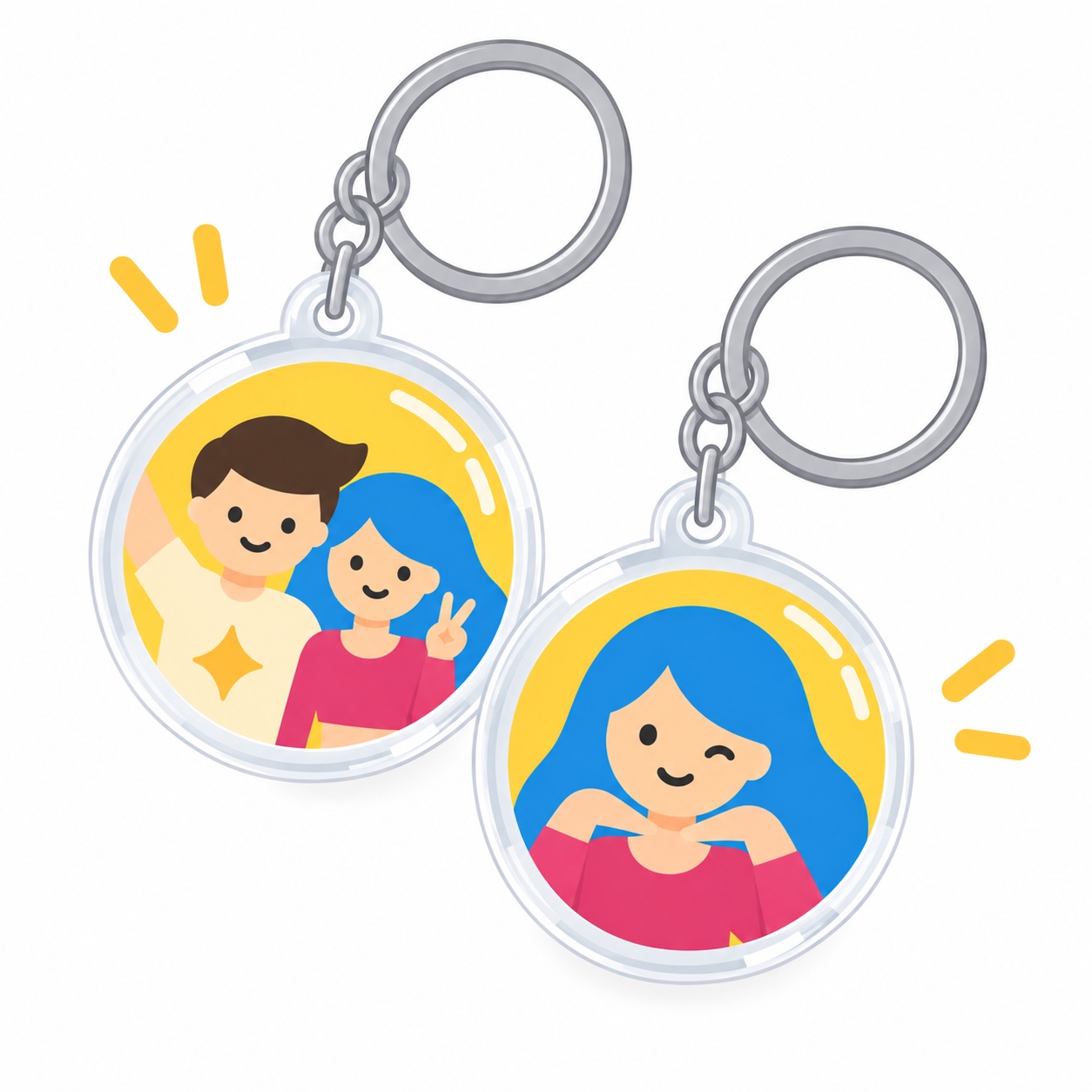 Ilustración de llaveros acrílicos personalizados con fotos