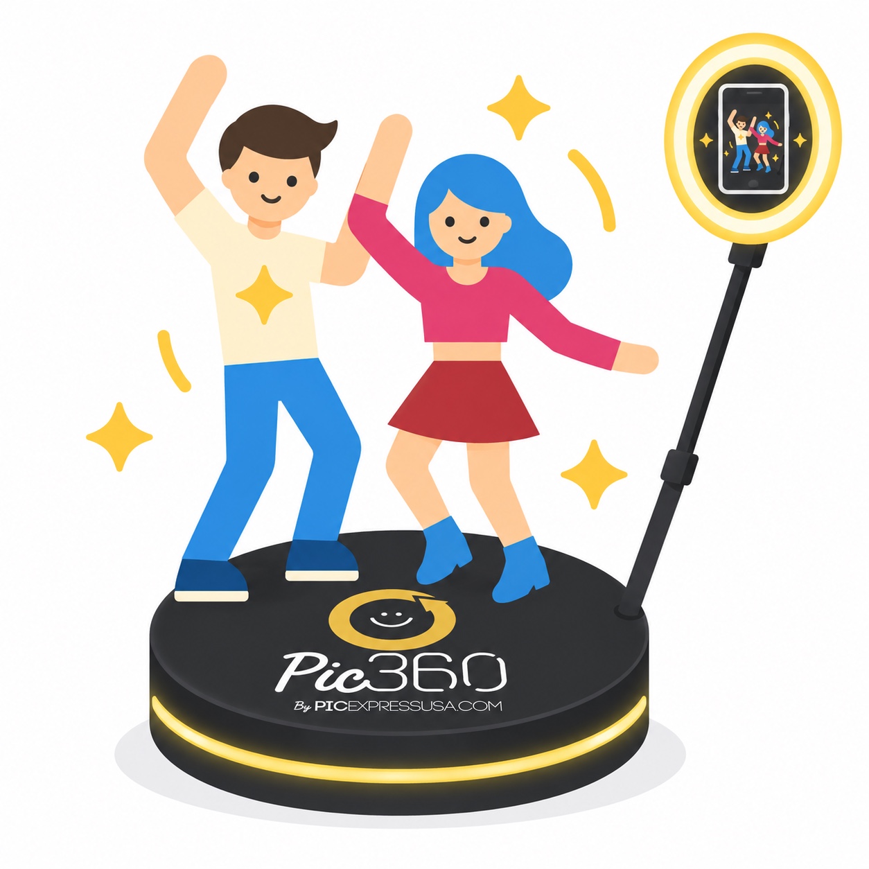 Illustration of guests enjoying the Pic360 VideoBooth platform